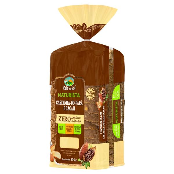 Pão Integral Vale do Sol Naturista Castanha-do-Pará e Cacau Zero Lactose 450g Imagem de Pão Integral Vale do Sol Naturista Castanha-do-Pará e Cacau Zero Lactose 450g
