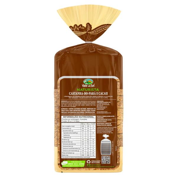 Pão Integral Vale do Sol Naturista Castanha-do-Pará e Cacau Zero Lactose 450g Imagem de Pão Integral Vale do Sol Naturista Castanha-do-Pará e Cacau Zero Lactose 450g