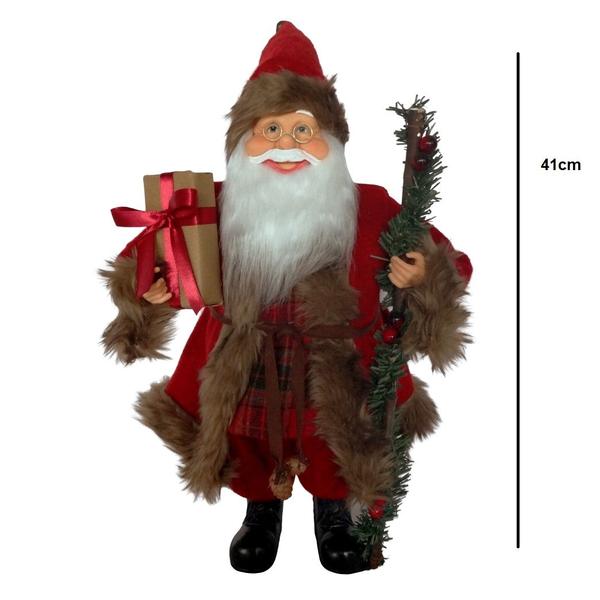 Imagem de Papai Noel Boneco Luxo Vinho Roupa Xadrez Cajado 41cm