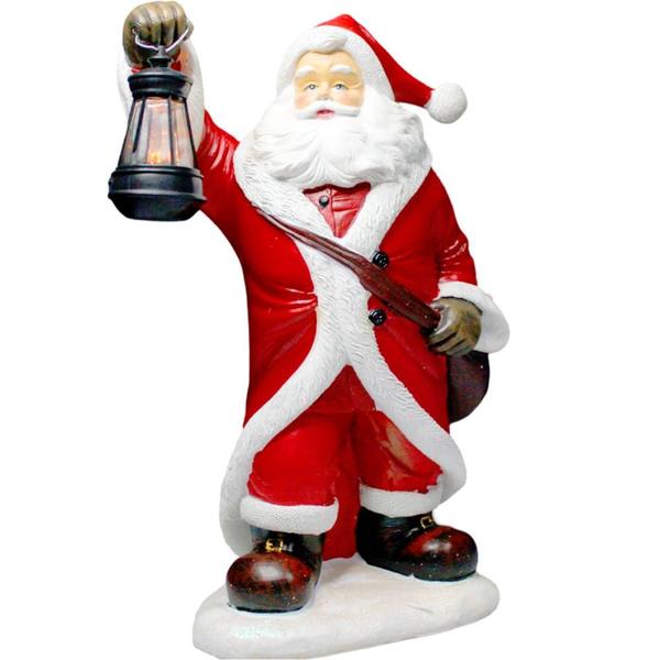 Imagem de Papai Noel de Natal Luxuoso Estatua em Resina Grande com Lampião LED 31,5 cm