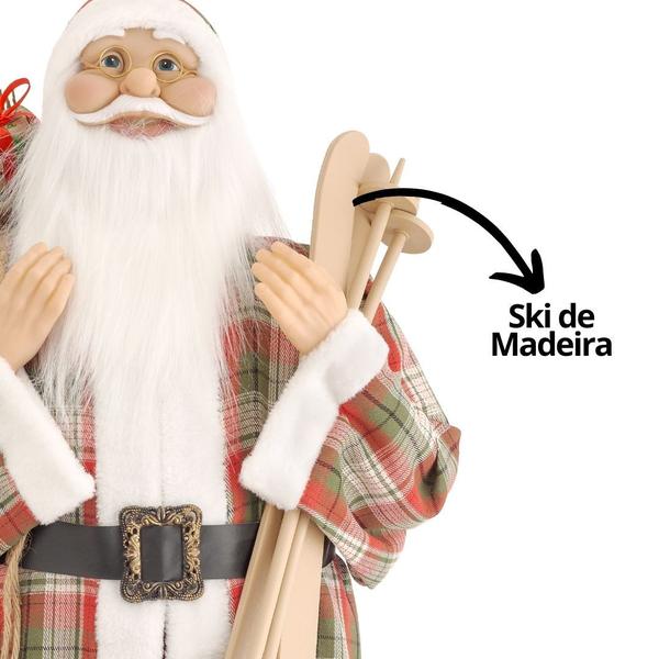 Imagem de Papai Noel Decorativo Gigante 110cm Casaco Xadrez, Ski e Saco de Presentes Decorado - Bela Flor