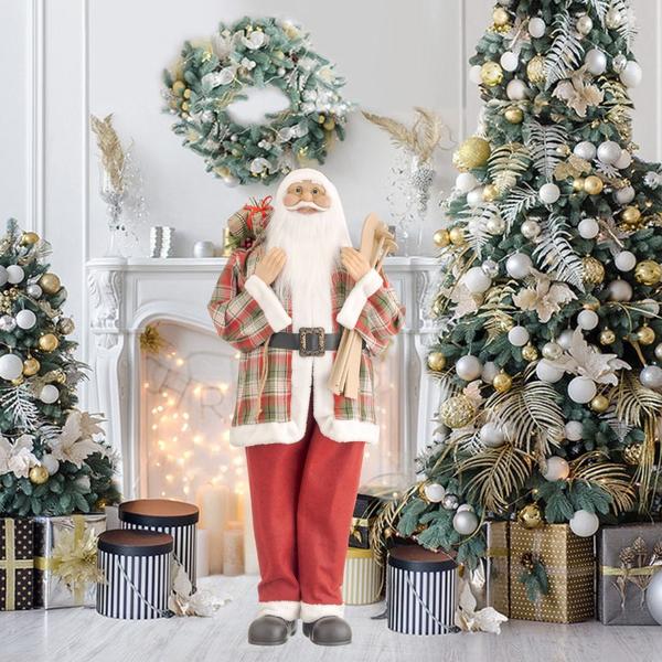 Imagem de Papai Noel Decorativo Gigante 110cm Casaco Xadrez, Ski e Saco de Presentes Decorado - Bela Flor