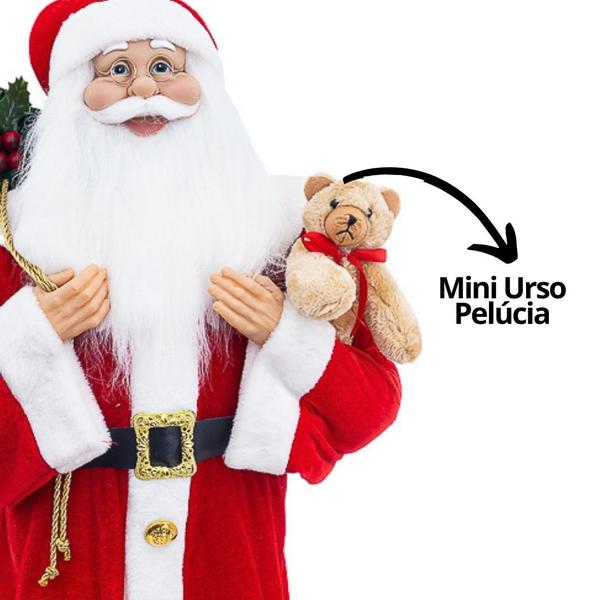 Imagem de Papai Noel Decorativo Gigante 110cm Vermelho Tradicional Mini Urso Pelúcia e Saco de Presentes Decorado - Bela Flor