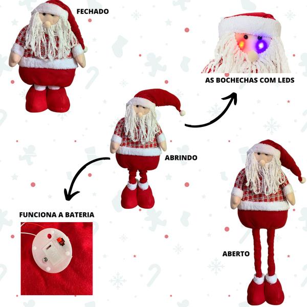 Imagem de Papai Noel Enfeite Grande de Natal Led Rosto Ilumina Expansível 80cm Xadrez