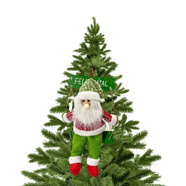 Imagem de Papai Noel Gangorra Madeira Pelúcia Tricô Xadrez Vermelho e Verde 40cm - Magizi