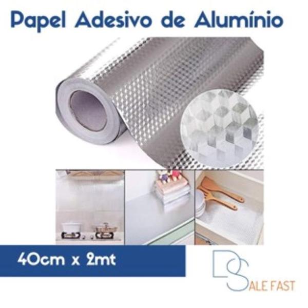 Imagem de  Papel Adesivo de Alumínio para Parede Armário Fogão Balcão Cozinha 40cm x 3 Metros Impermeável Autocolante 3D Metalizad