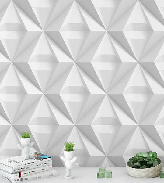 Imagem de Papel de Parede 10 Metros 3D Triangulos para Quartos e Sala em Tons de Branco e Cinza