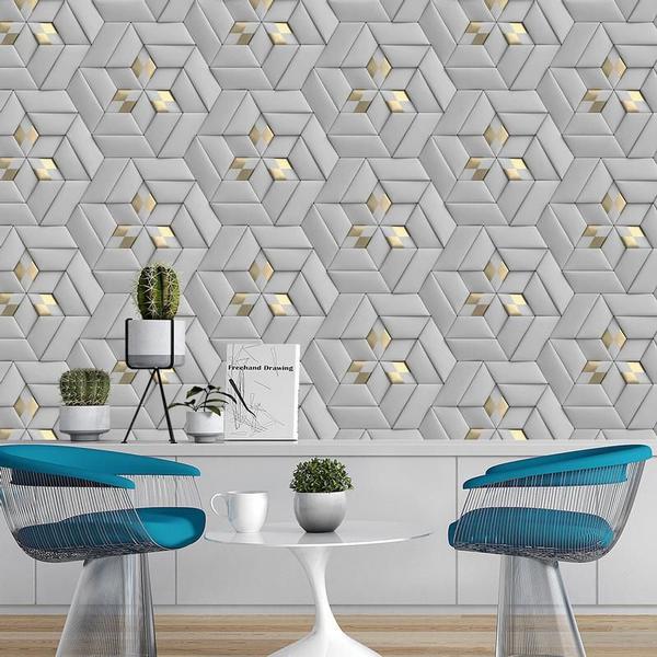 Imagem de Papel De Parede 3D Cinza E Dourado Geometrico Autocolante