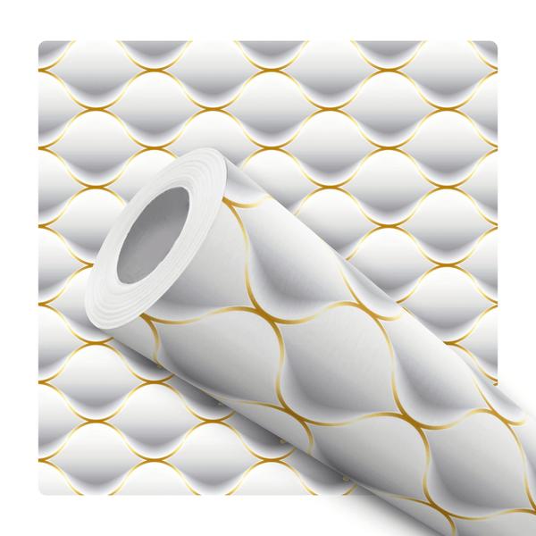 Imagem de Papel de Parede Adesivo Abstrato Efeito 3D Branco Dourado Moderno Quarto Sala de Estar