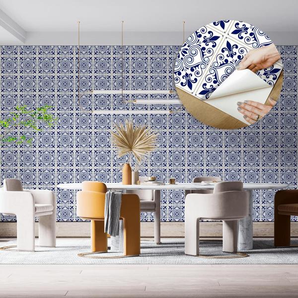 Imagem de Papel de Parede Adesivo Azulejo Português Azul Branco Colonial Moderno Quarto Sala de Estar