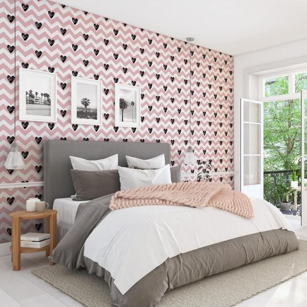 Imagem de Papel De Parede Adesivo Chevron Coração Rosa Quarto Menina   5m