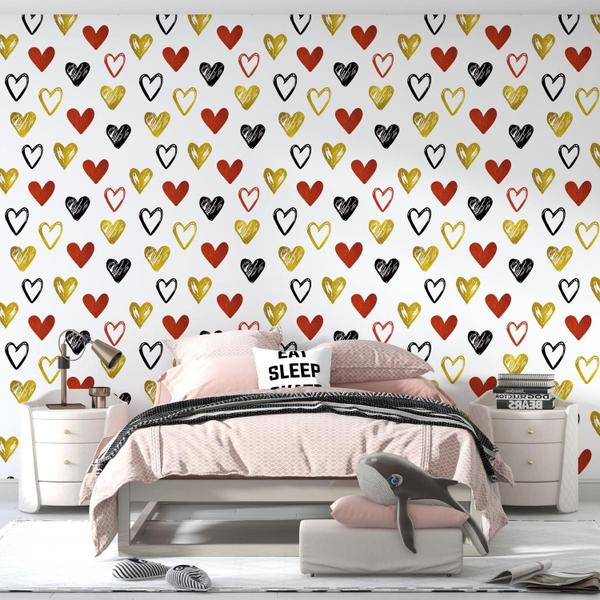 Papel De Parede Adesivo Coração Vermelho Dourado Preto Quarto 1m - DELIQUADROS Imagem de Papel De Parede Adesivo Coração Vermelho Dourado Preto Quarto 1m