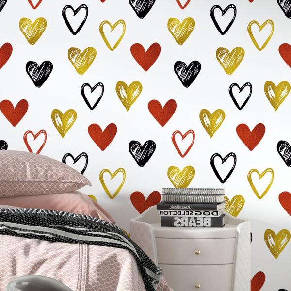 Papel De Parede Adesivo Coração Vermelho Dourado Preto Quarto 1m - DELIQUADROS Imagem de Papel De Parede Adesivo Coração Vermelho Dourado Preto Quarto 1m