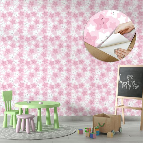 Imagem de Papel de Parede Adesivo Estrelas Rosa Branco Infantil Menina Bebê Moderno Quarto 