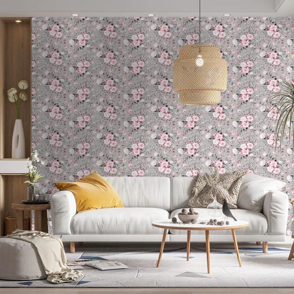 Imagem de Papel de Parede Adesivo Floral Cinza Com Buquê de Rosas