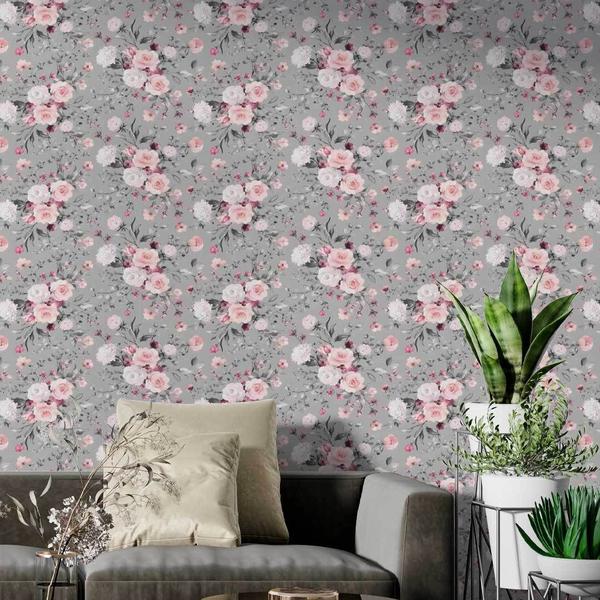 Imagem de Papel De Parede Adesivo Floral Flor Rosa e Branca Flores Lavável 2,7m