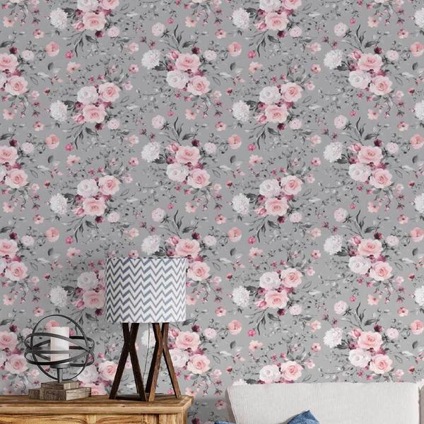 Imagem de Papel De Parede Adesivo Floral Flor Rosa e Branca Flores Lavável 5m