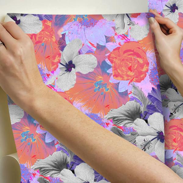 Imagem de Papel De Parede Adesivo Flores Lilas Laranja Sala Floral