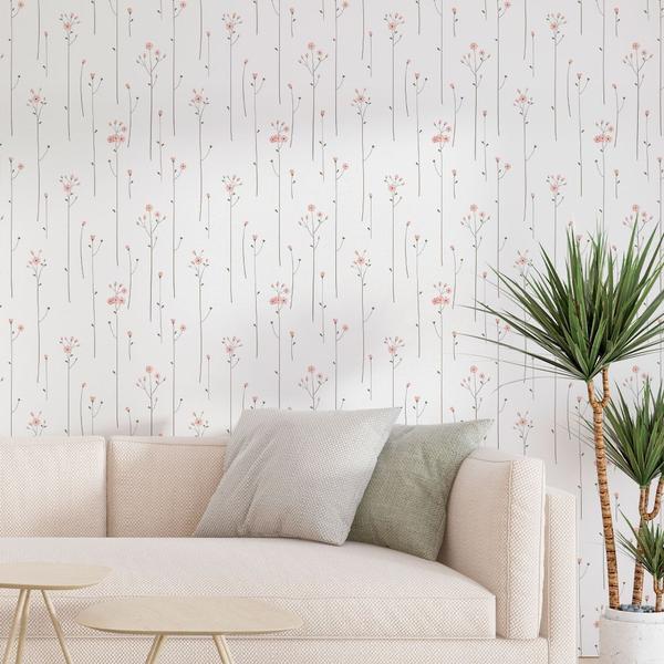 Imagem de Papel de Parede Adesivo Florzinhas Rosa com Fundo Branco 2,7m