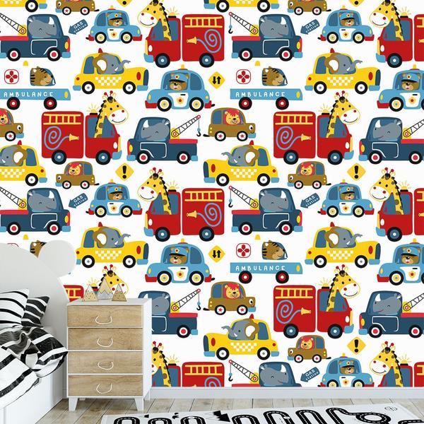 Imagem de Papel de Parede Adesivo Infantil Animais Carros Quarto Menino - 715pcm