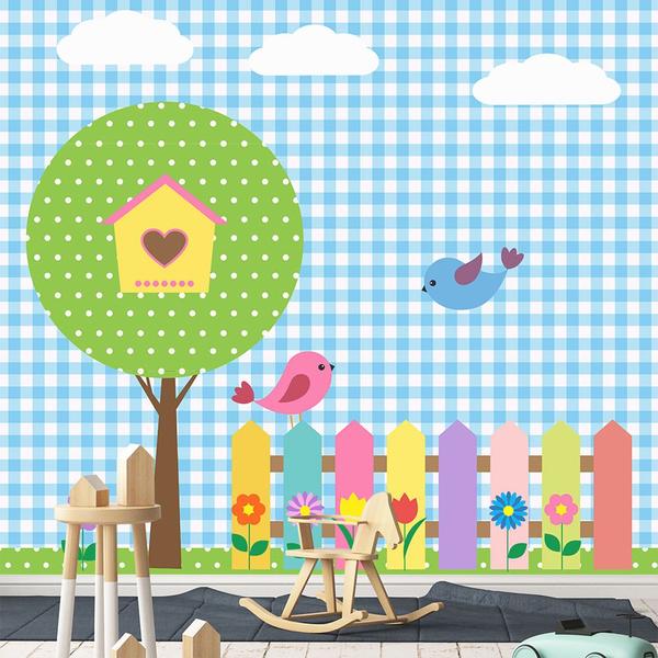 Imagem de Papel de Parede Adesivo Infantil Jardim Passarinhos Bebe Quarto - 513pcm