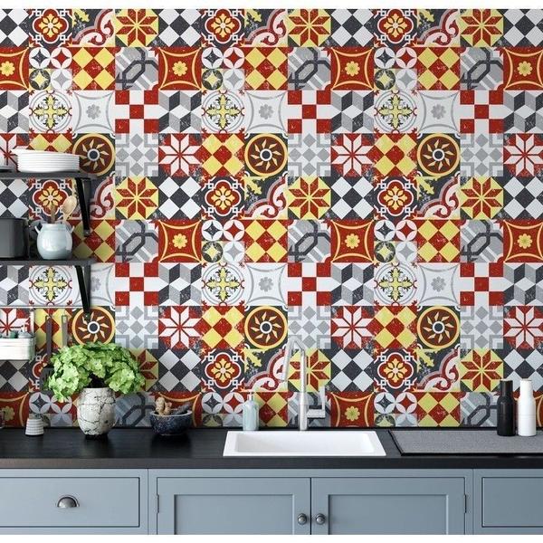 Imagem de Papel De Parede Adesivo Lavável Azulejo Mosaico Português Vermelho Rolo