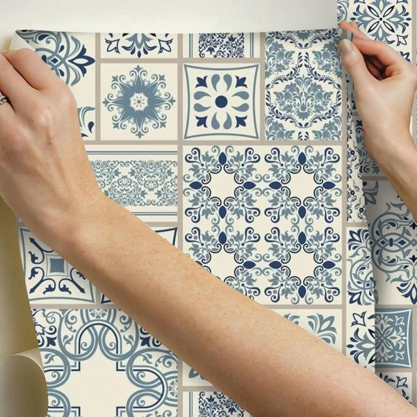 Imagem de Papel De Parede Adesivo Lavável Cozinha Azulejo Português Azul Sala Quarto Móvel Escritório