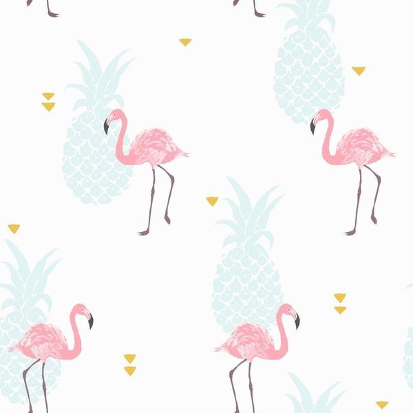 Imagem de Papel De Parede Adesivo Lavável Flamingo E Abacaxi Rosa Azul Delicado Menina Quarto Sala