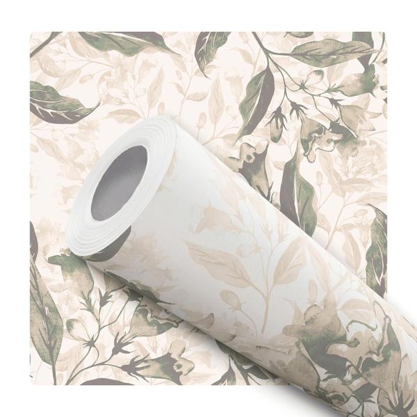 Imagem de Papel De Parede Adesivo Lavável Flores E Folhas Abstratas Verde Bege Fundo Creme