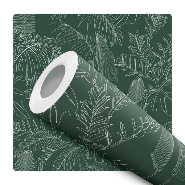 Imagem de Papel De Parede Adesivo Lavável Folhas Linha Lineart Branca Fundo Verde Musgo Escuro Quarto Sala de Estar