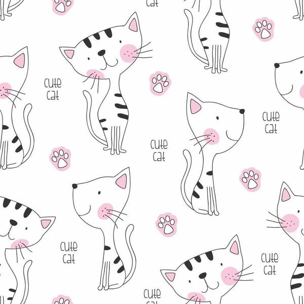 Imagem de Papel De Parede Adesivo Lavável Infantil Ilustração Lineart Gatinho Preto e Branco Rosa Bebê Maternidade