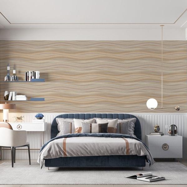 Imagem de Papel De Parede Adesivo Lavável Linho Bege Areia Ondas Elegante Quarto Sala