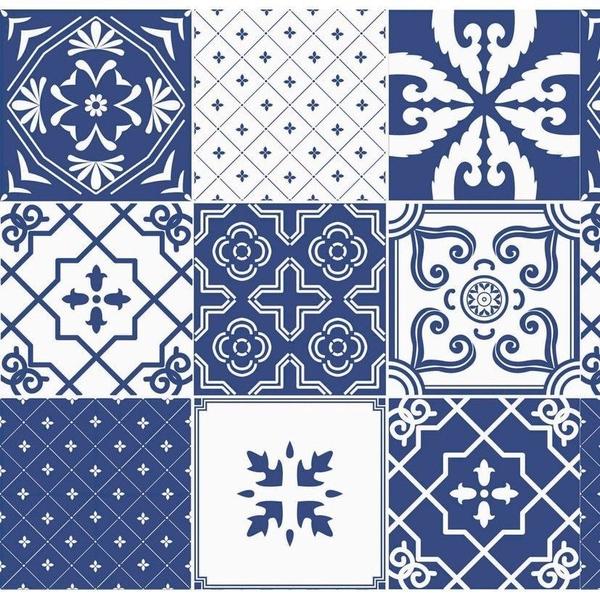 Imagem de Papel De Parede Adesivo Lavável para Cozinha/Área externa /Banheiro/Lavabo - Azulejos Azuis Hidráulicos