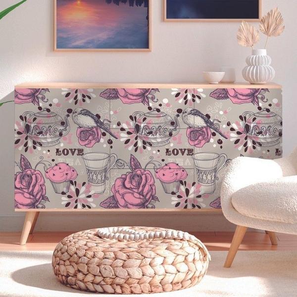 Imagem de Papel De Parede Adesivo Lavável para Cozinha/Sala/Área externa - Bule Love Doce Rosa