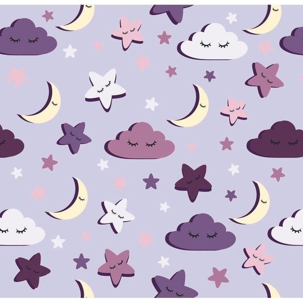 Imagem de Papel De Parede Adesivo Lavável para Quarto/Sala/Quarto infantil - Nuvem Lua Estrela Roxo