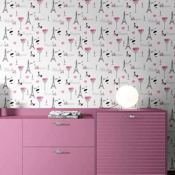 Imagem de Papel de Parede Adesivo Lavável Quarto Feminino Juvenil Rosa Paris Teen