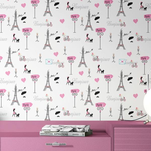 Imagem de Papel de Parede Adesivo Lavável Quarto Feminino Juvenil Rosa Paris Teen