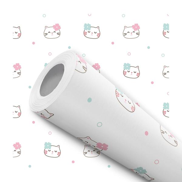 Imagem de Papel De Parede Adesivo Lavável Quarto Gatinho Flor Rosa e Azul Infantil 12m