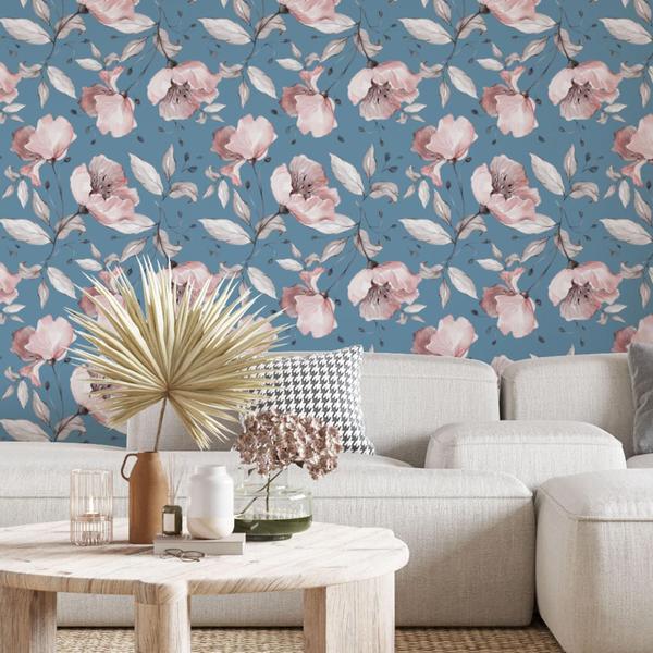 Imagem de Papel De Parede Adesivo Lavável sala Floral Aquarela Azul 10m