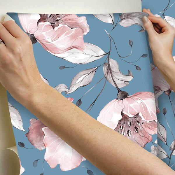 Imagem de Papel De Parede Adesivo Lavável sala Floral Aquarela Azul 12m