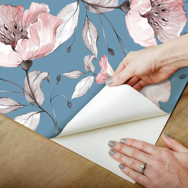 Imagem de Papel De Parede Adesivo Lavável sala Floral Aquarela Azul 12m