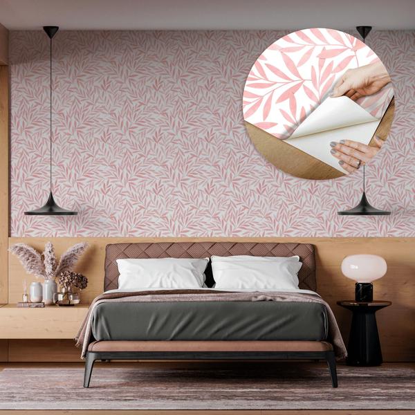 Imagem de Papel De Parede Adesivo Lavável Sala Quarto Ramos Rosa Folhas 12m