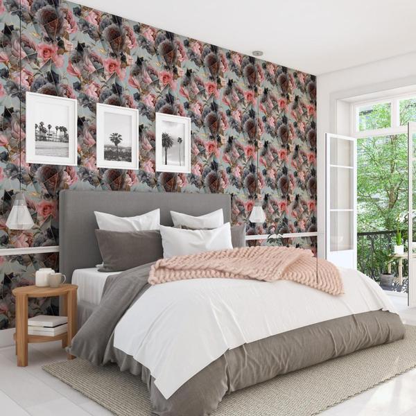 Imagem de Papel De Parede Adesivo Lavável sala Rosa Preto Gold Flores 12m