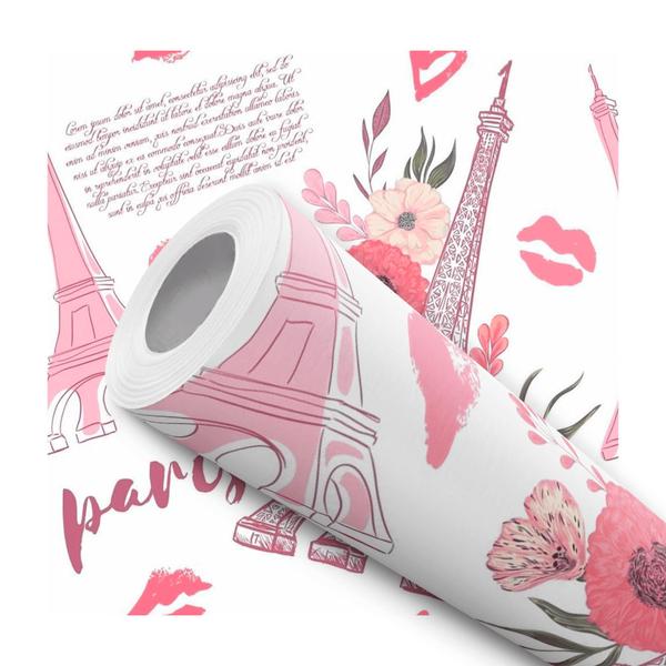 Imagem de Papel De Parede Adesivo Lavável Teen Paris Rosa Torre Eiffel Floral