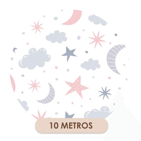 Imagem de Papel De Parede Adesivo Lua Estrelas Nuvens Rosa Cinza Quarto Infantil 10m