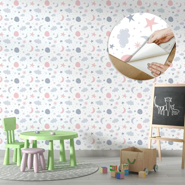 Imagem de Papel De Parede Adesivo Lua Estrelas Nuvens Rosa Cinza Quarto Infantil 3.5m