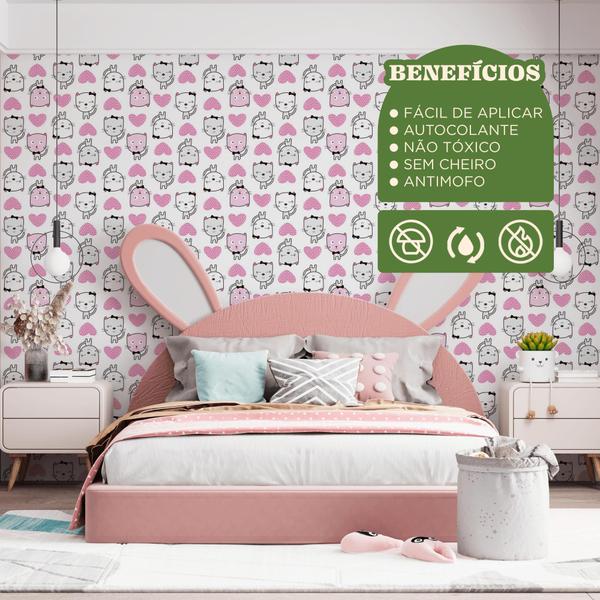 Imagem de Papel de Parede Adesivo Tema Gatinhos Rosa Fofo Quarto Infantil