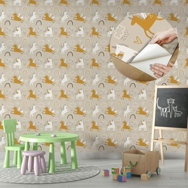 Imagem de Papel de Parede Adesivo Unicórnio Bege Marrom Infantil Bebê Delicado FofoModerno Quarto 