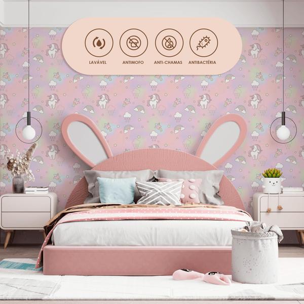 Imagem de Papel de Parede Adesivo Unicórnio Rosa Arco íris Estrela Nuvem Céu Infantil Bebê Moderno Quarto Fofo