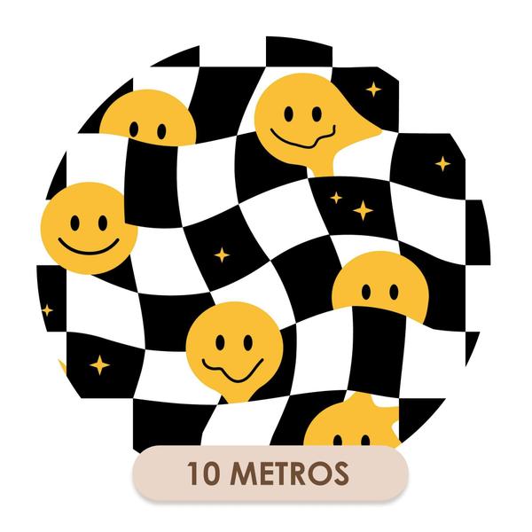 Imagem de Papel de Parede Adesivo Xadrez Preto e Branco Smiley Amarelo Teen Juvenil Quarto 